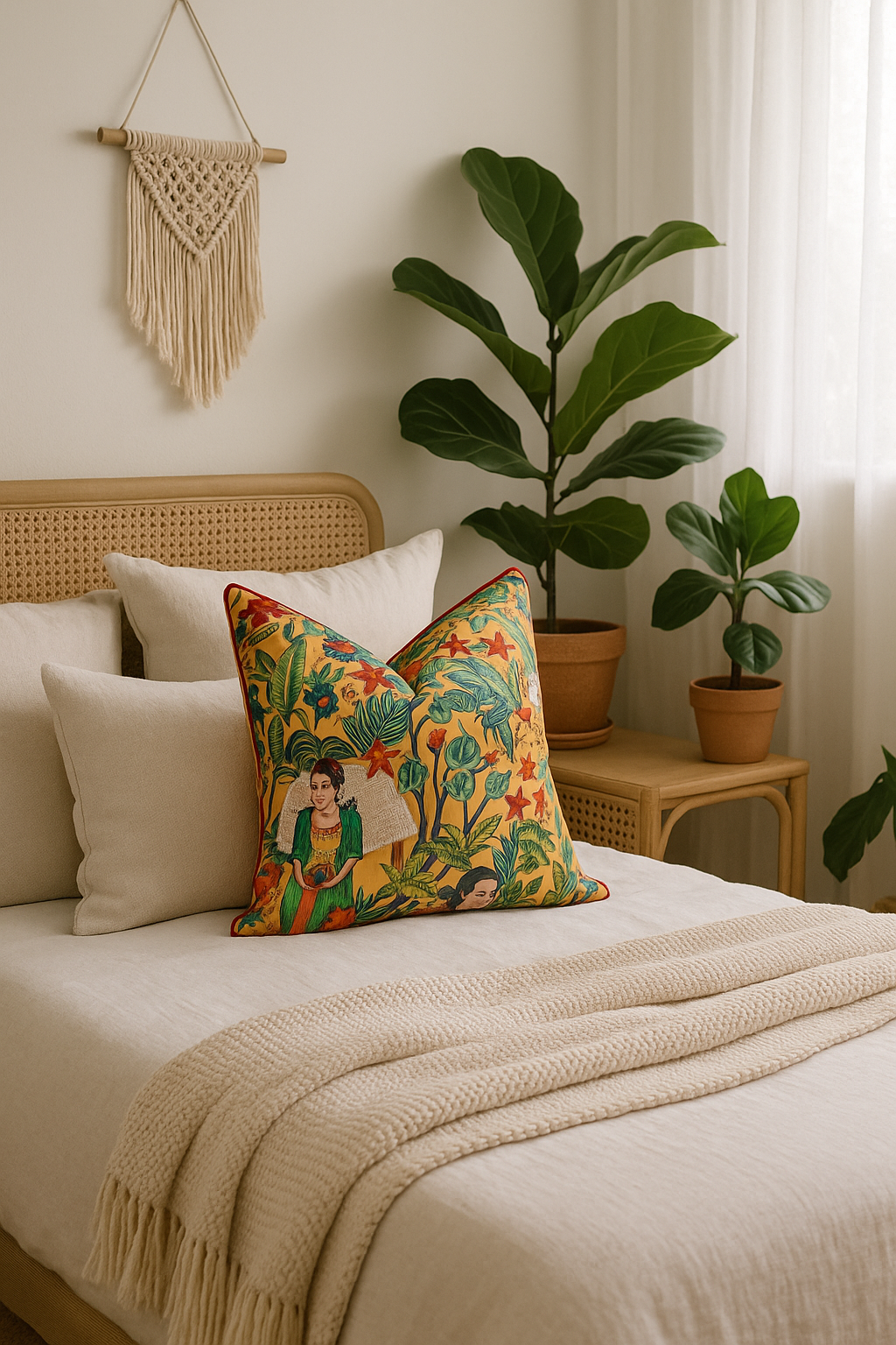 Orange 100% cotton artistic cushion cover with Frida inspired design