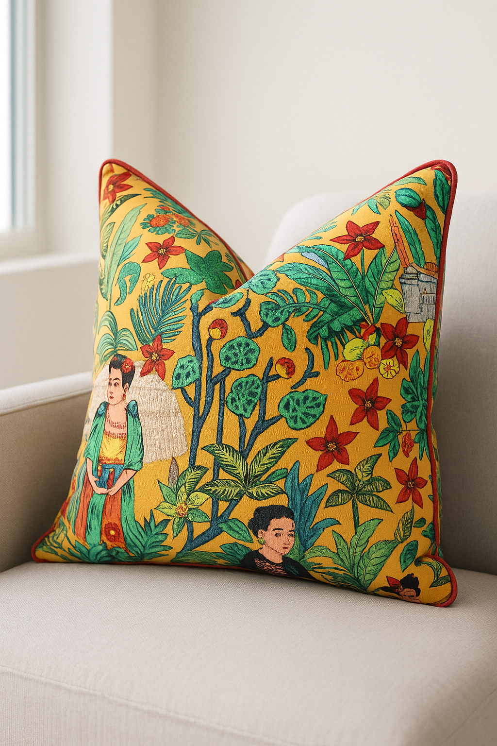Frida's Surreal Vibrance 100% cotton cushion cover in orange