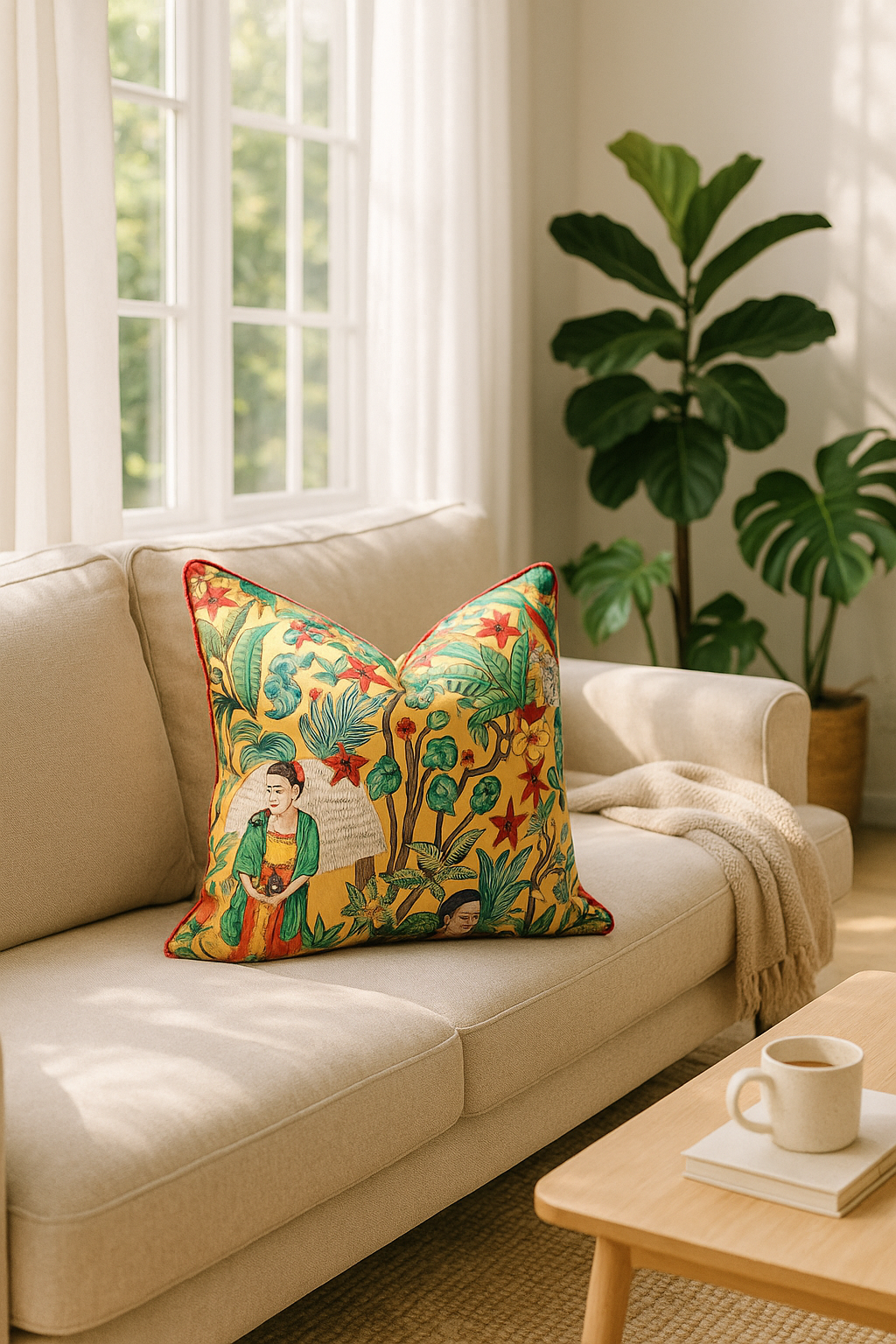 Vibrant orange Frida inspired cotton cushion cover for home decor