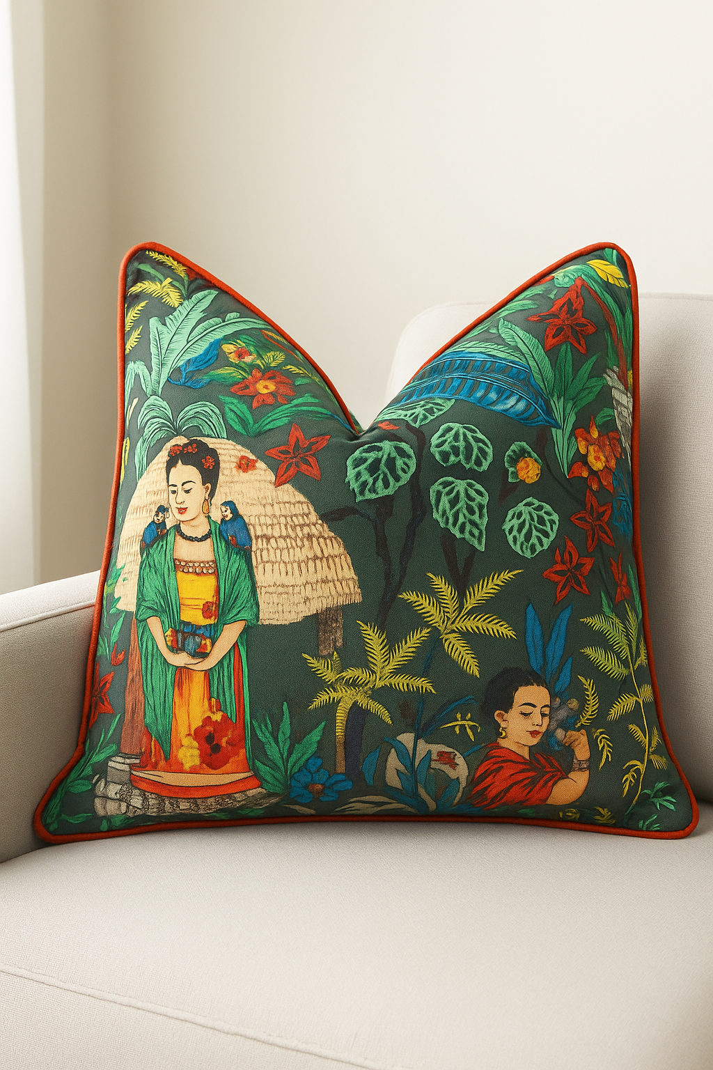 Bohemian Jungle Art 100% cotton cushion cover in dark grey