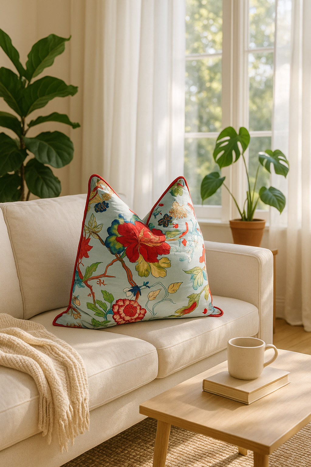 Sky blue vintage floral cotton cushion cover for home decor