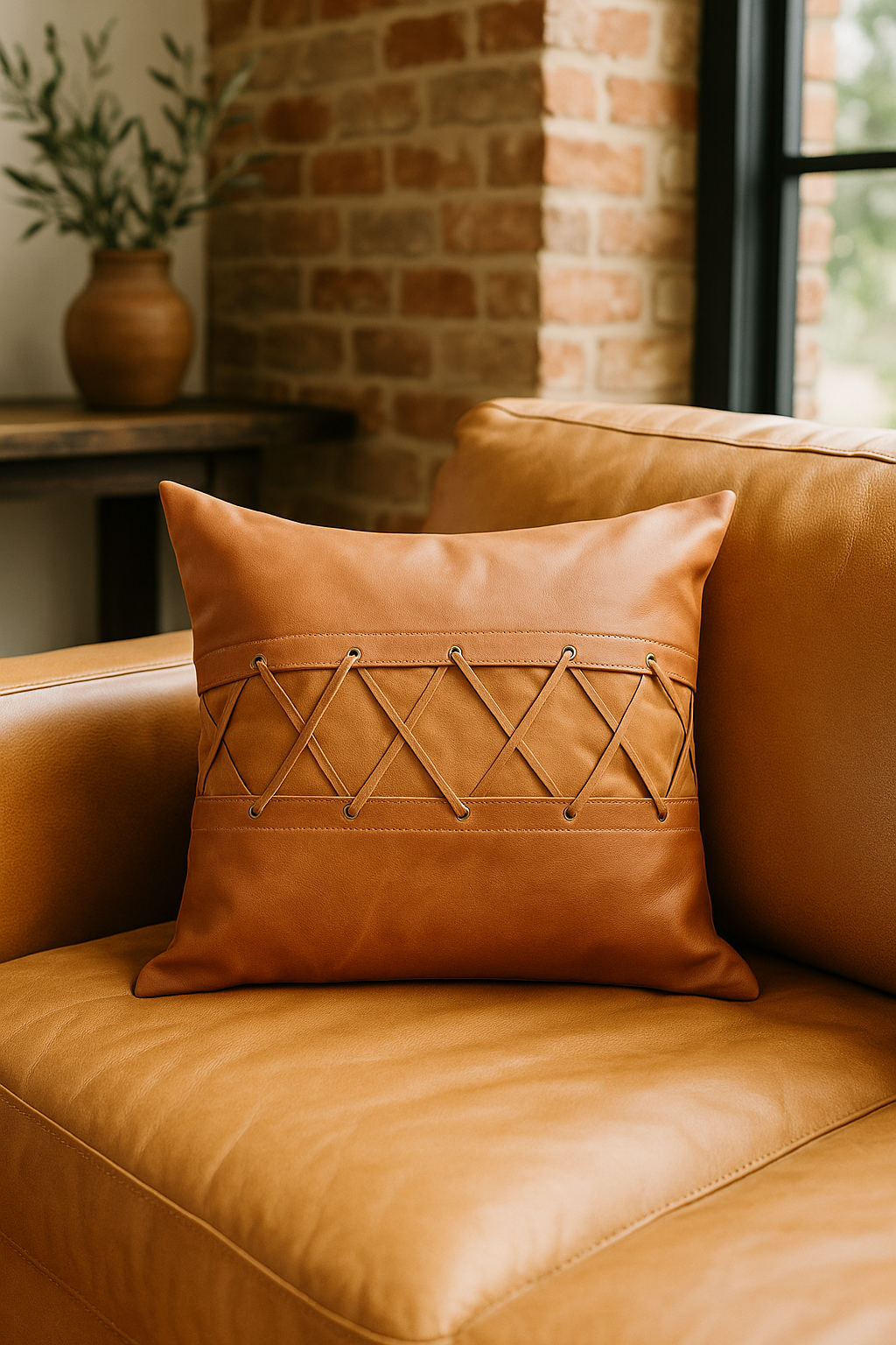 Rustic tan leather cushion with decorative lacing