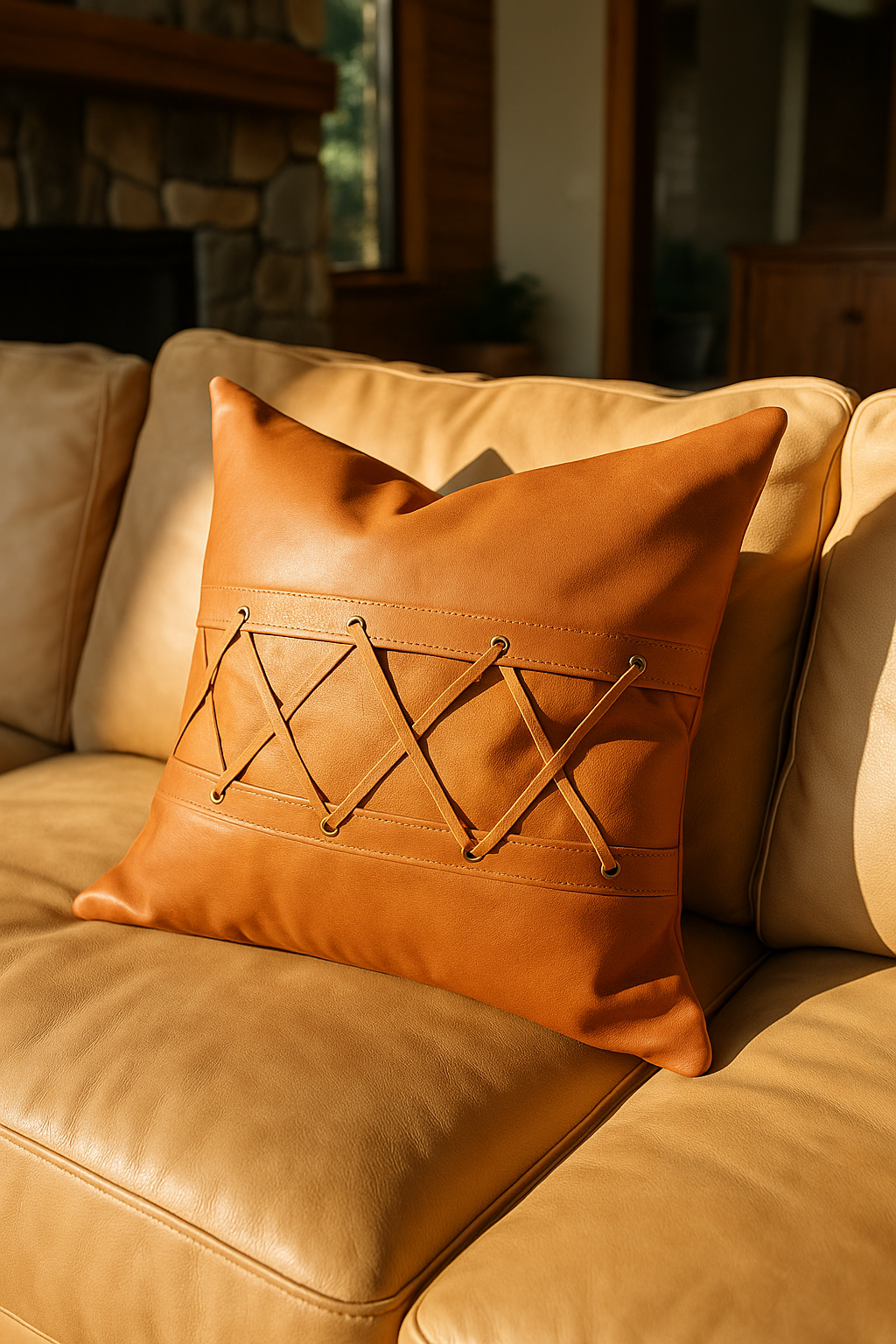 Tan leather cushion with handcrafted lacing detail