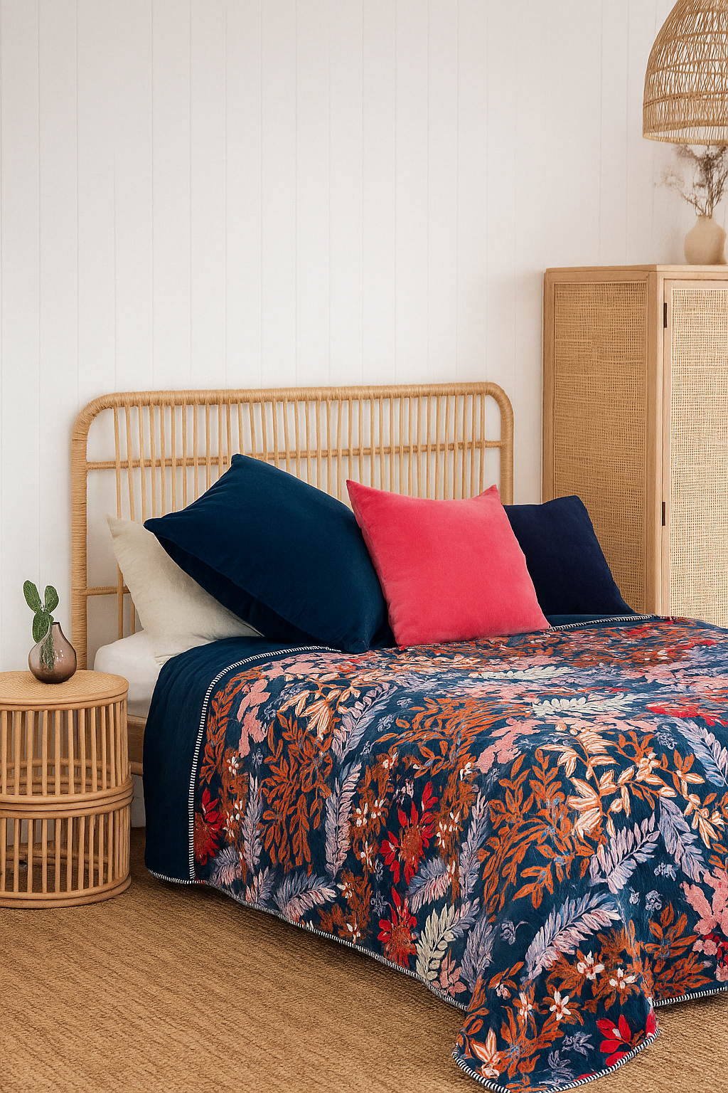 Tropical Garden multi-colour velvet quilt with bird and floral design