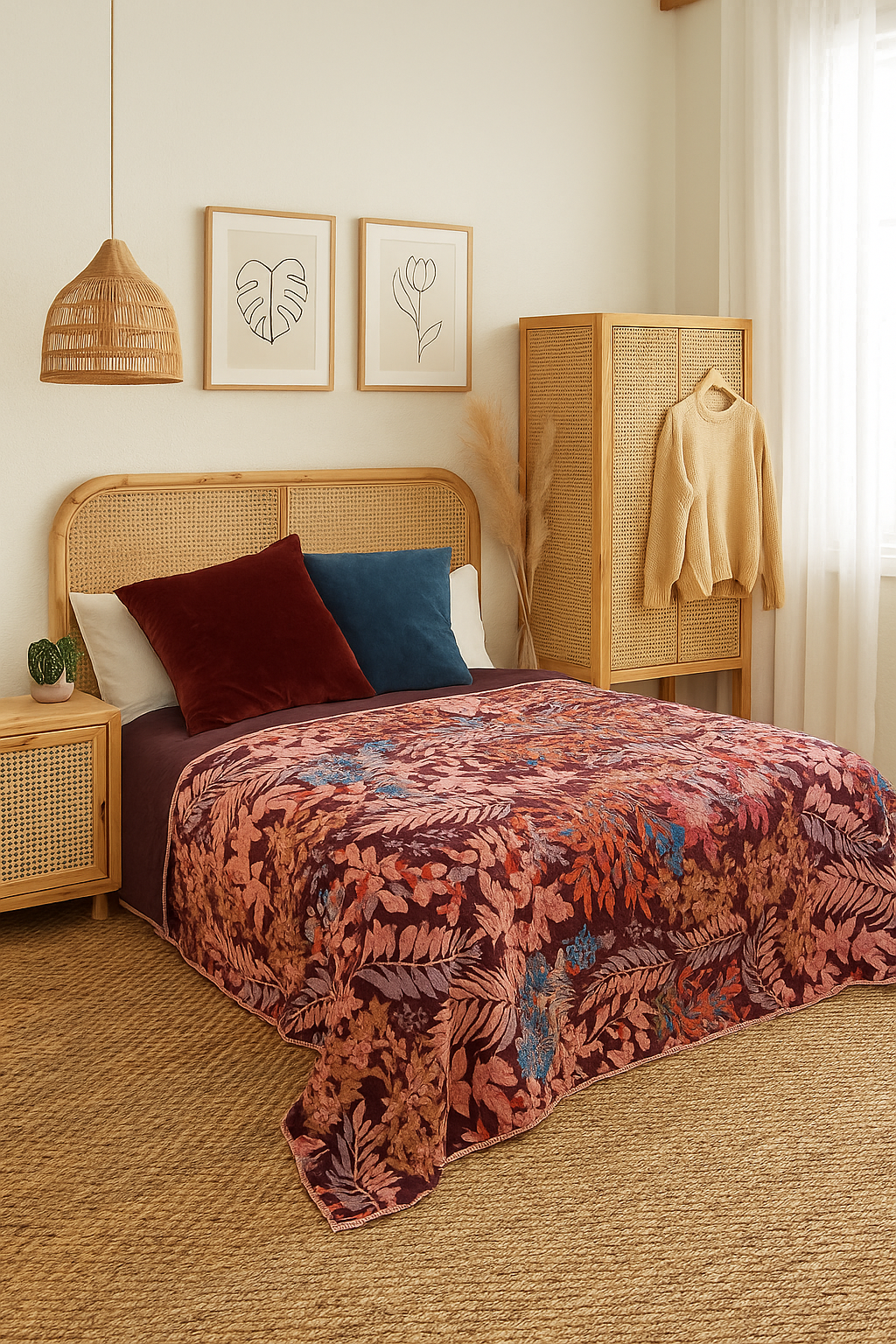 Autumn Garden floral cotton velvet quilt in rust and wine tones