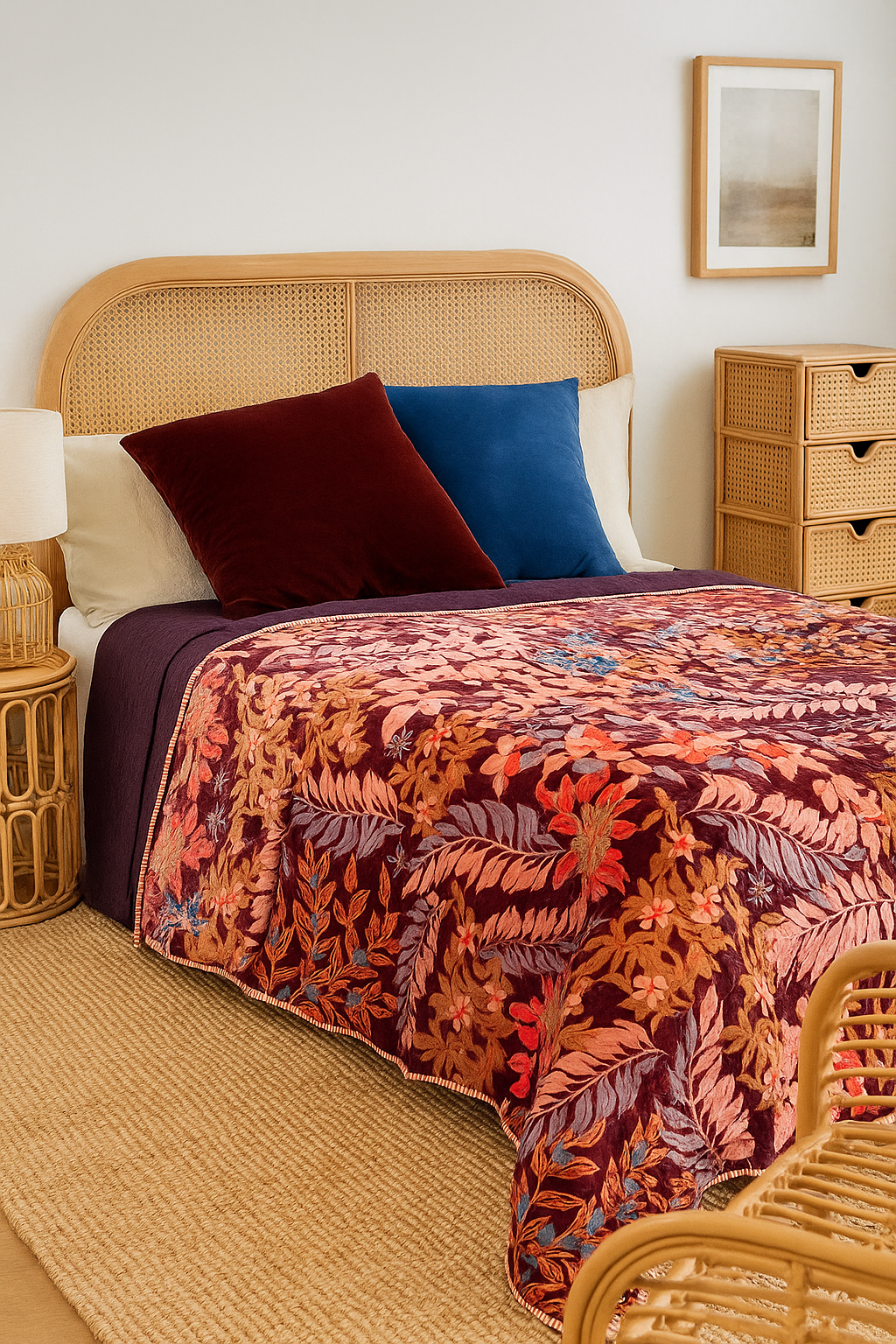 Autumn Garden rust and wine cotton velvet embroidered quilt