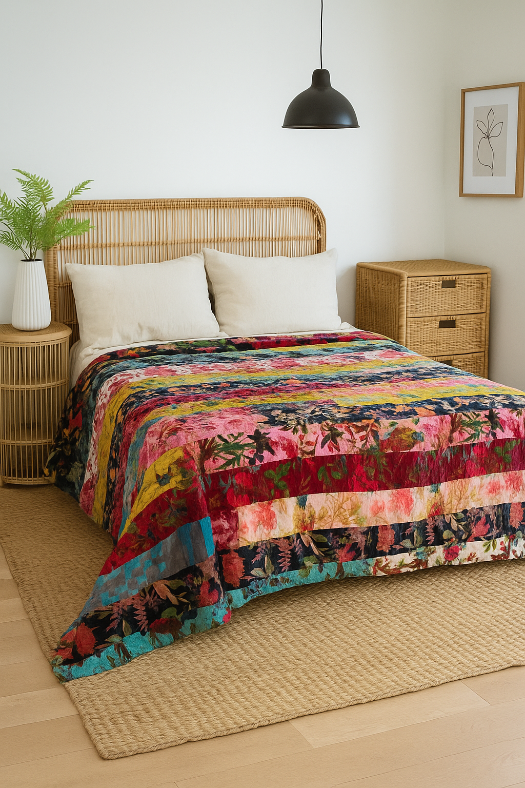 Bohemian velvet quilt with eclectic patchwork design