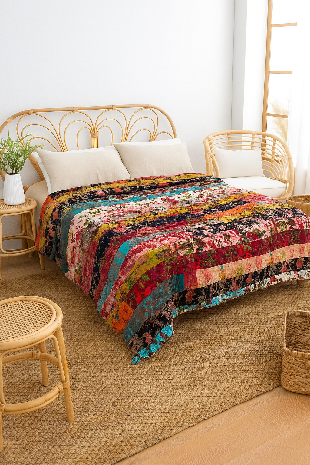 Luxury velvet patchwork bedding with colorful design