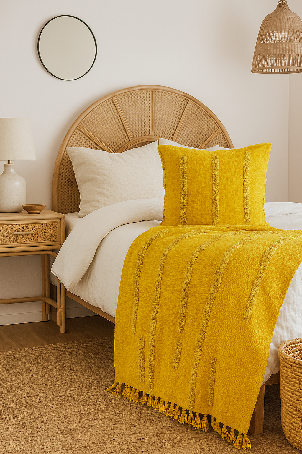 Mustard textured cotton throw for boho home decor