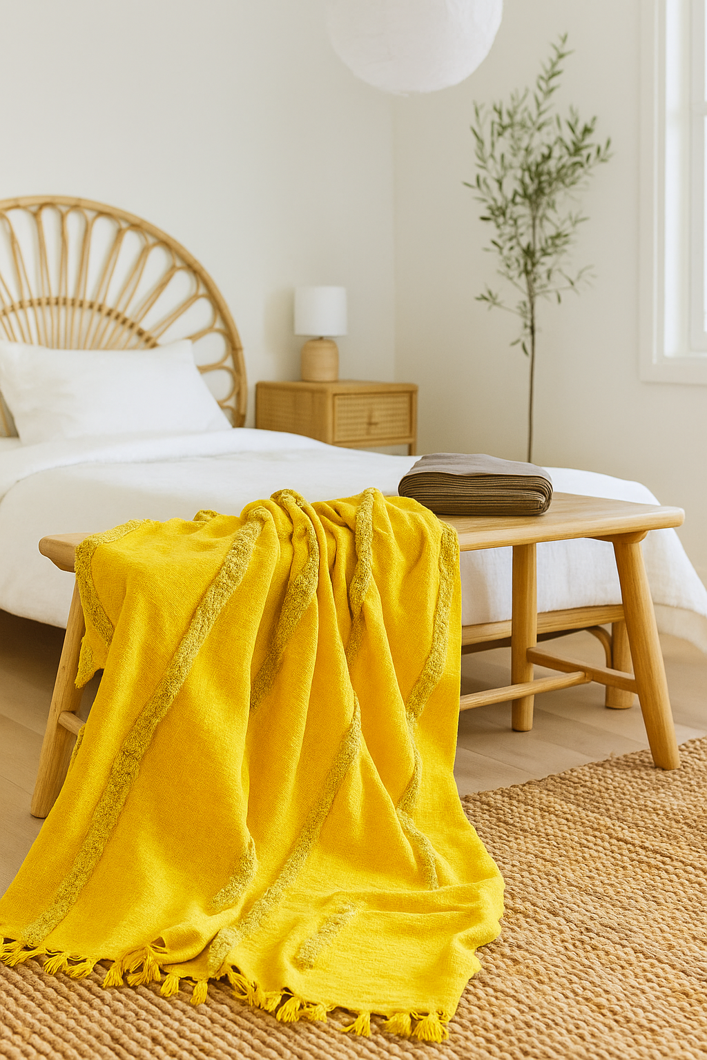 Handwoven mustard boho throw blanket with texture