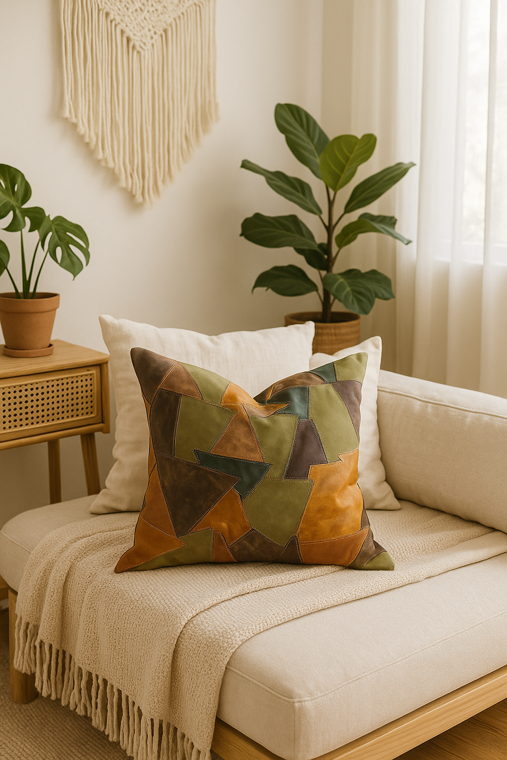 Rustic handmade patchwork leather pillow cover 60x60cm