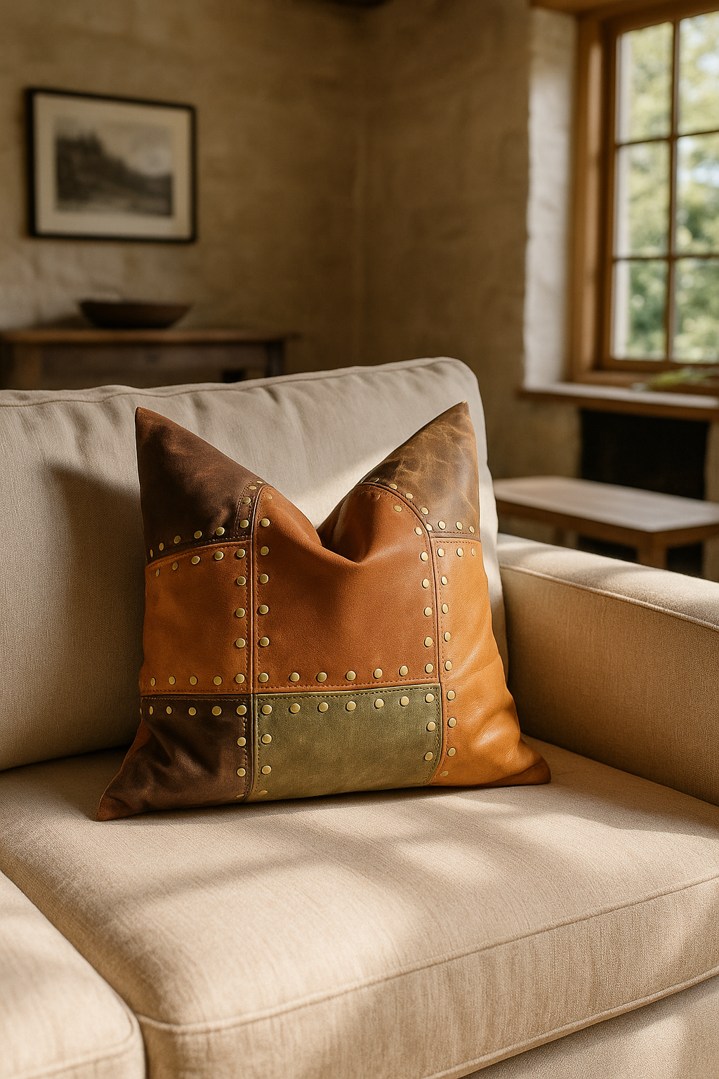 Rustic tan olive leather cushion cover for sofa