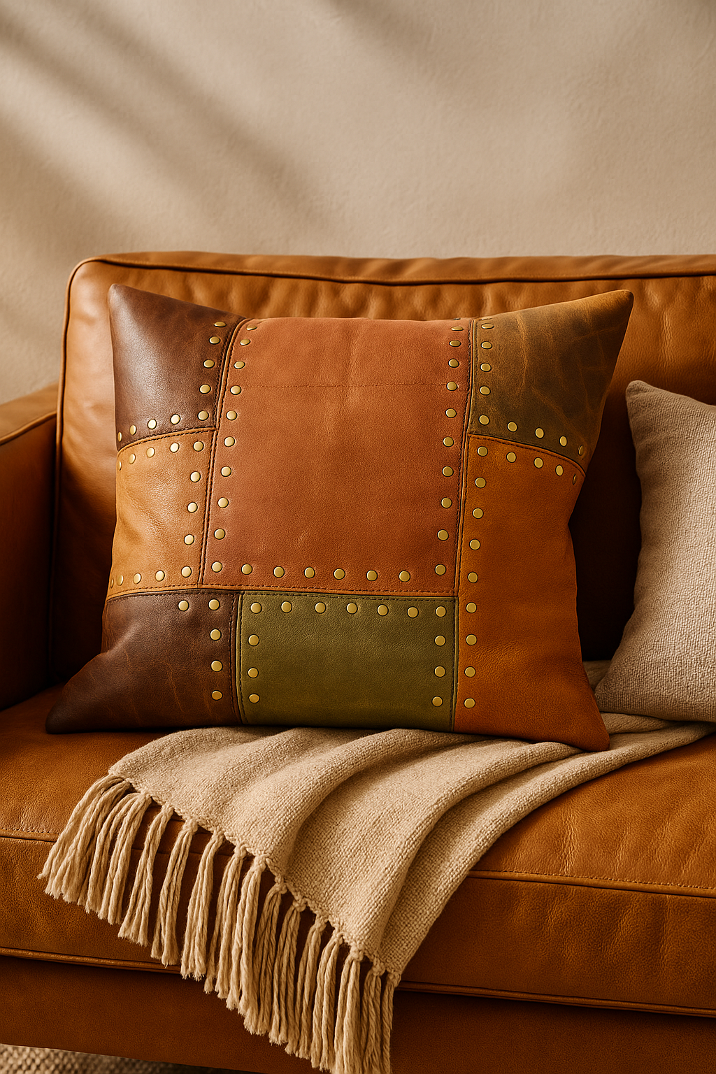 Handmade rustic leather cushion cover for home decor