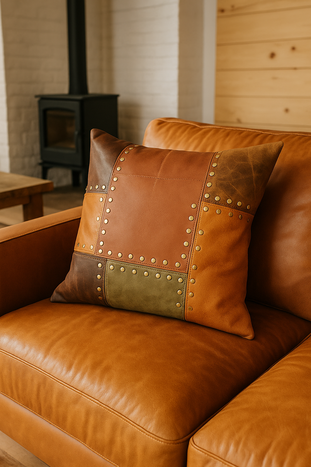 Handcrafted tan and olive leather patchwork cushion cover