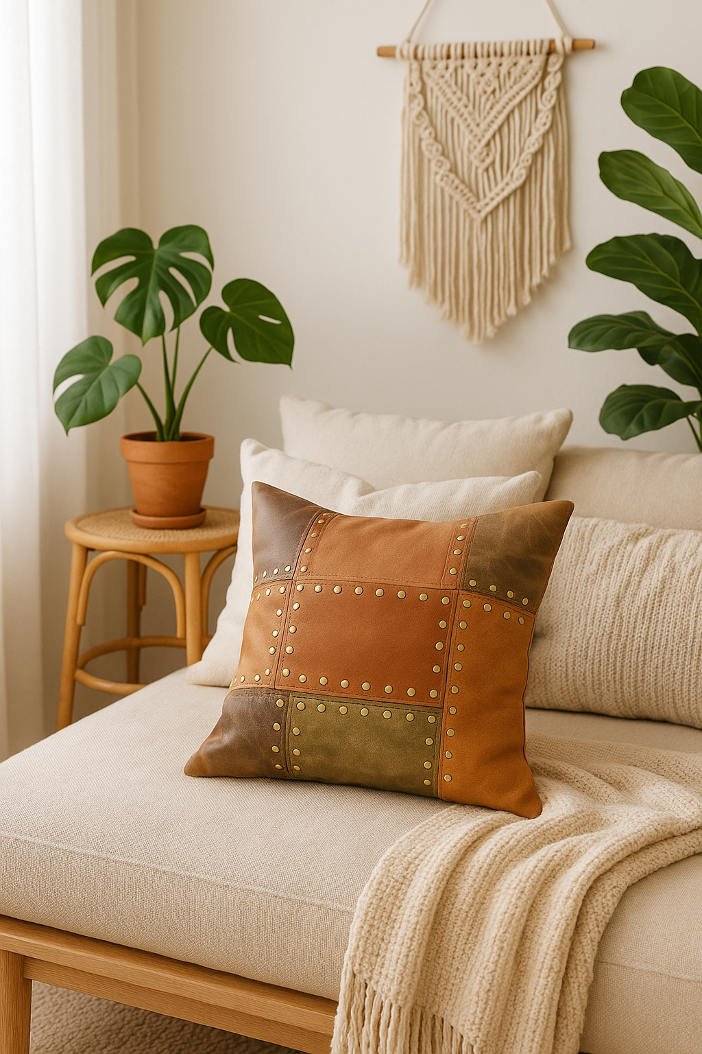 Olive and tan leather patchwork accent pillow