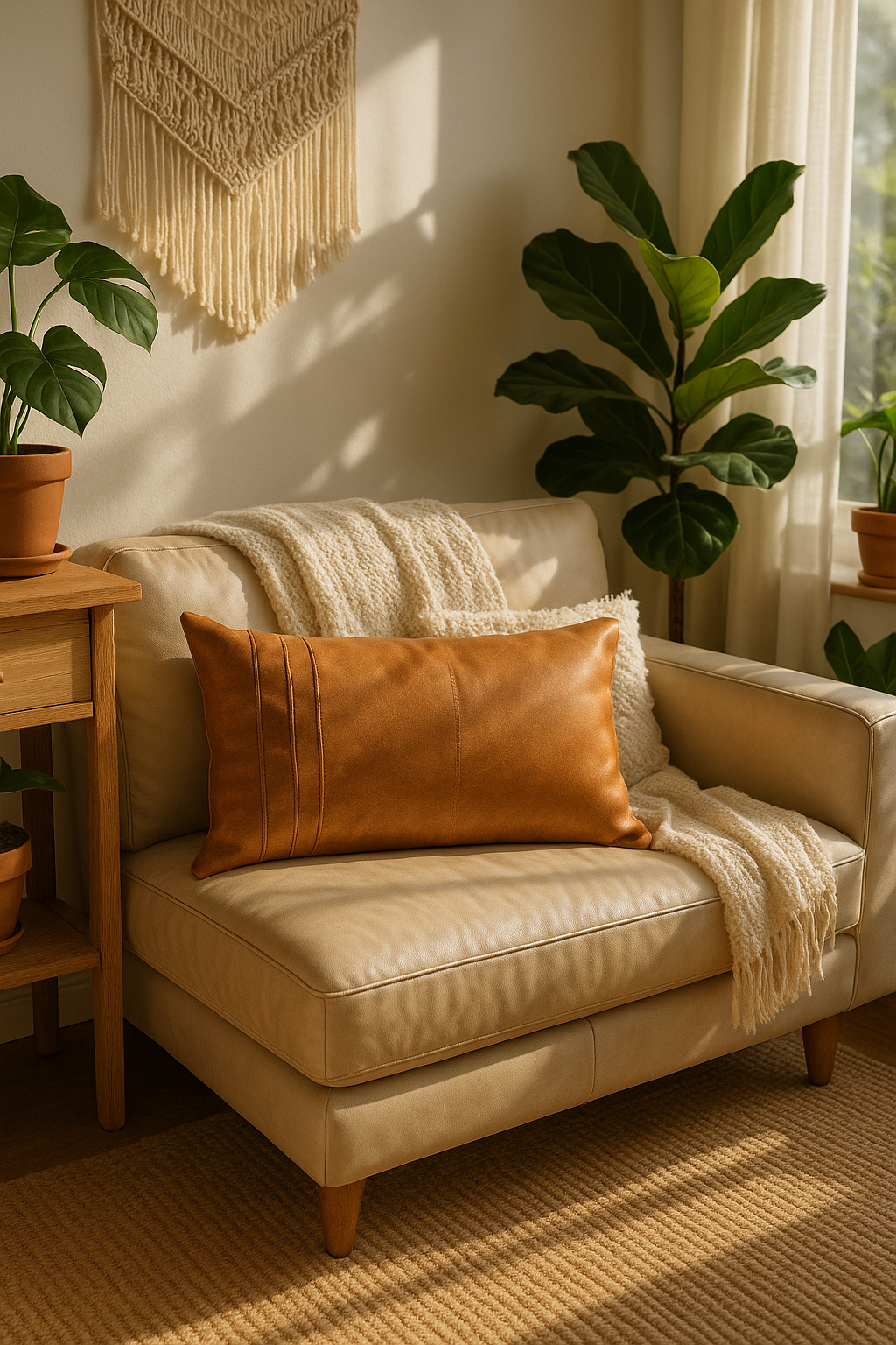 Rustic tan leather lumbar cushion cover for interiors