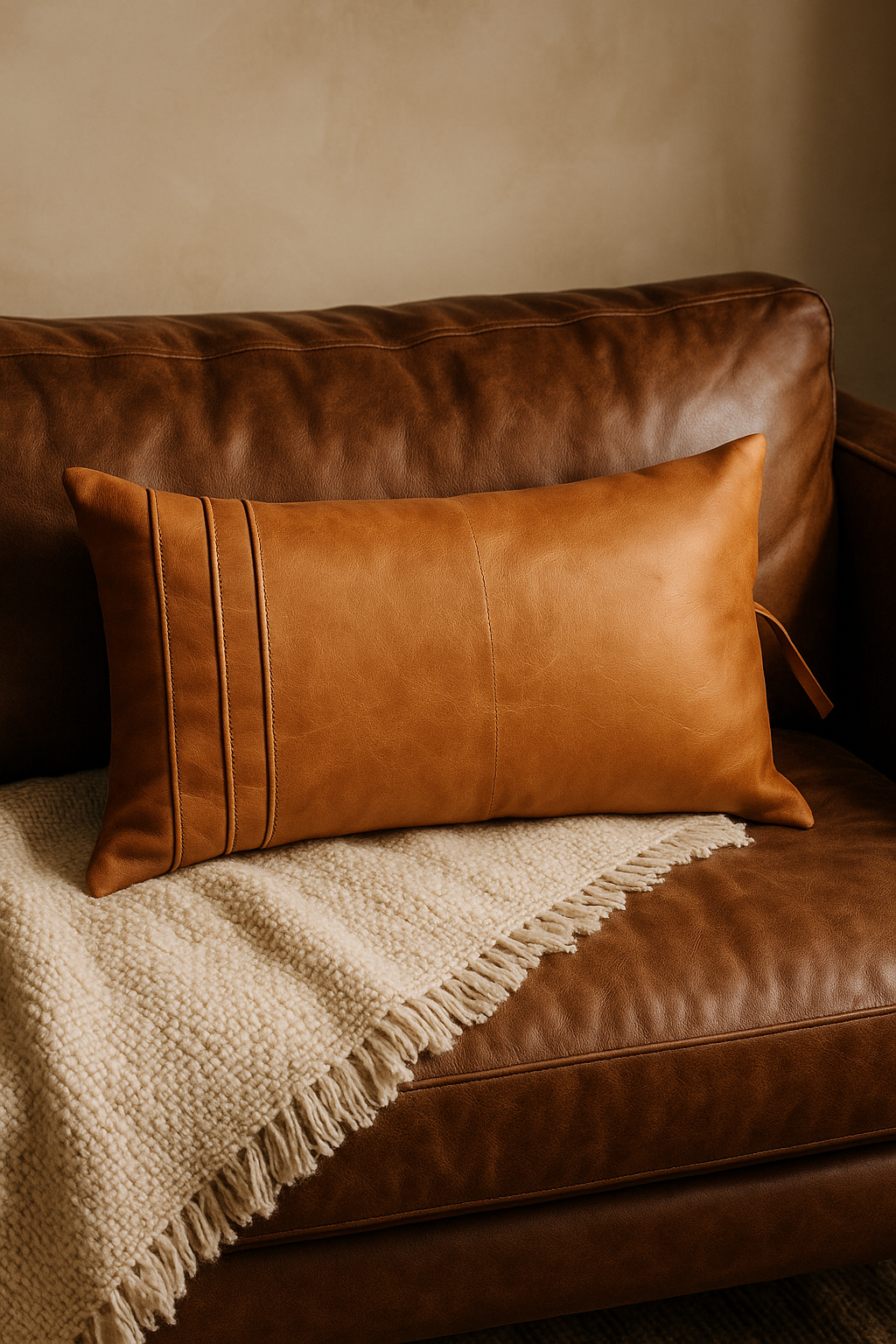 Tan leather boho accent cushion for home decor