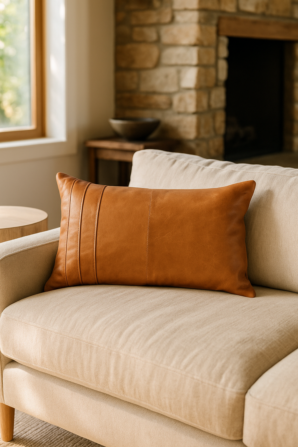 Handcrafted tan leather lumbar pillow for sofa