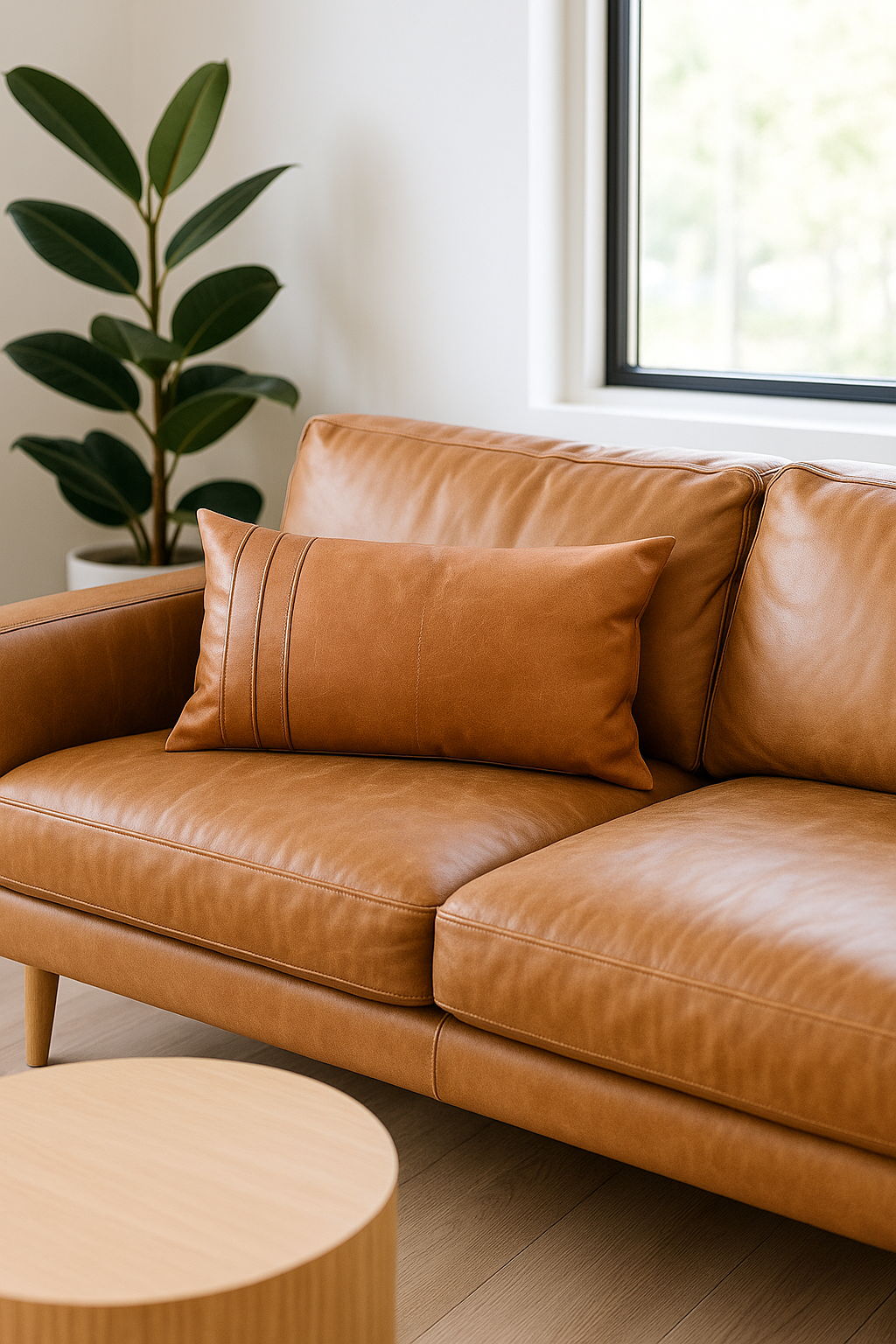 Boho handcrafted leather lumbar pillow in tan