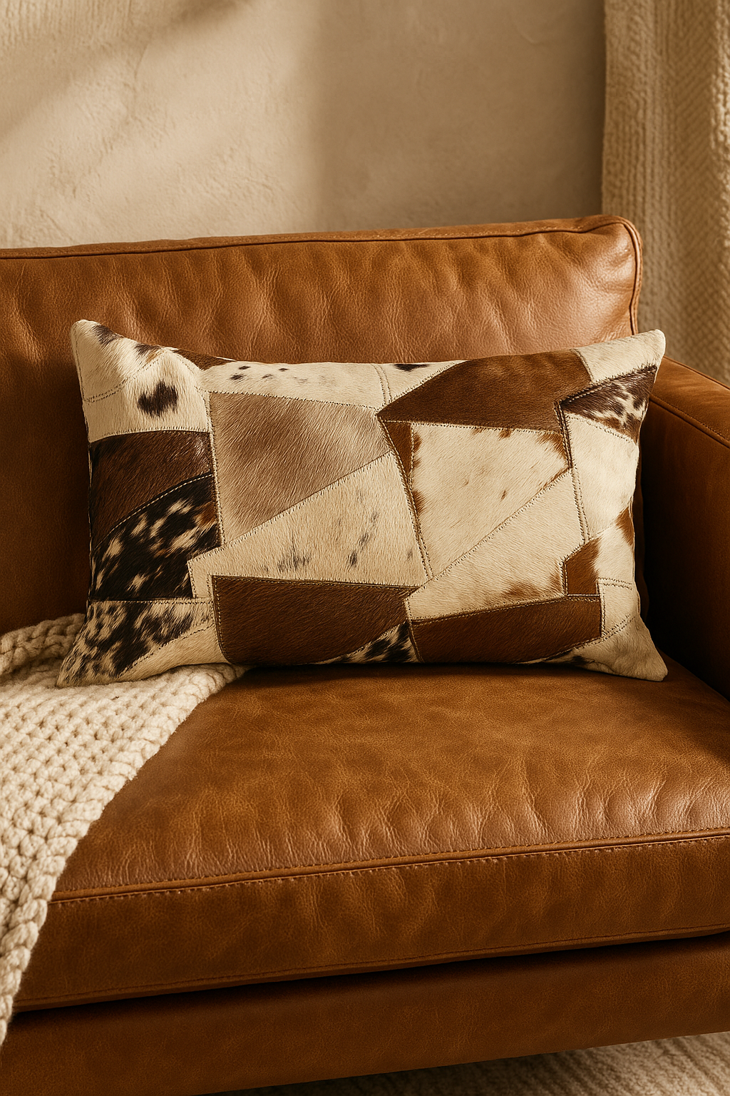 Rustic cowhide lumbar cushion with patchwork leather style