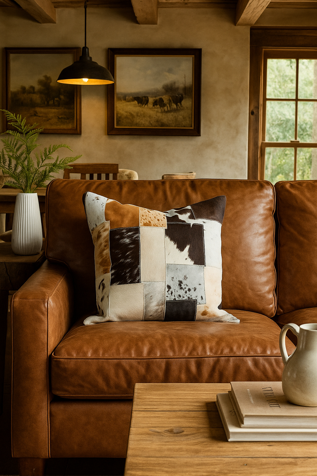 Handmade natural cowhide patchwork cushion for sofa