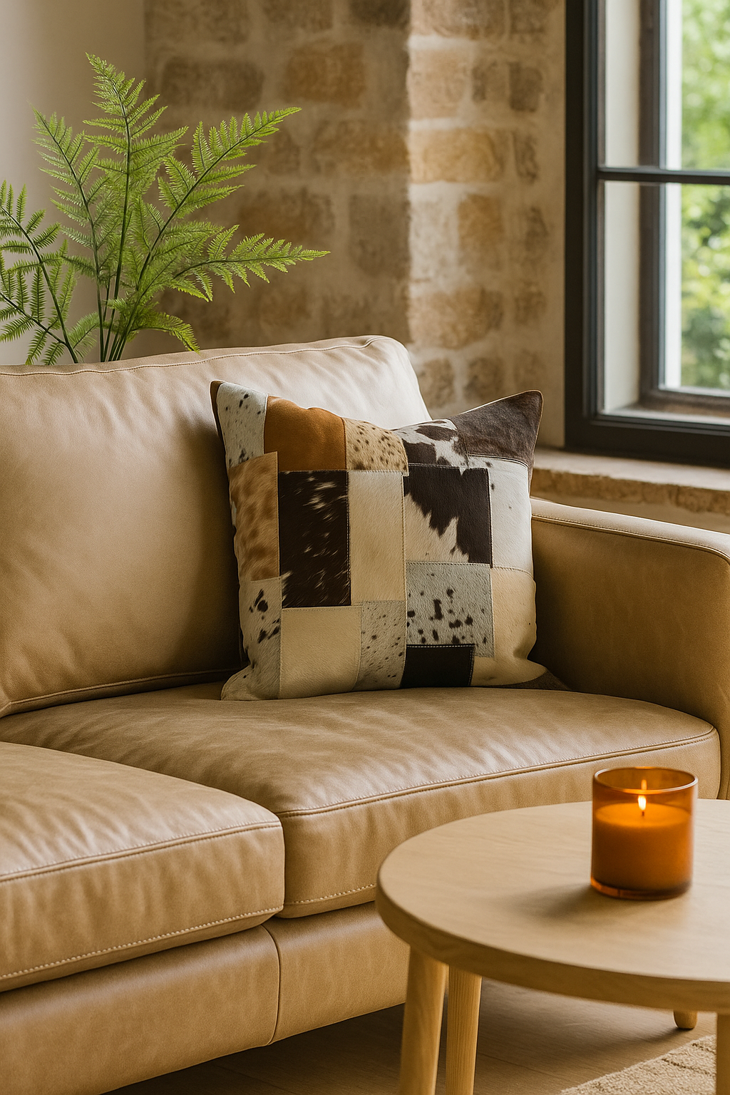 Rustic handmade cowhide patchwork pillow for home decor