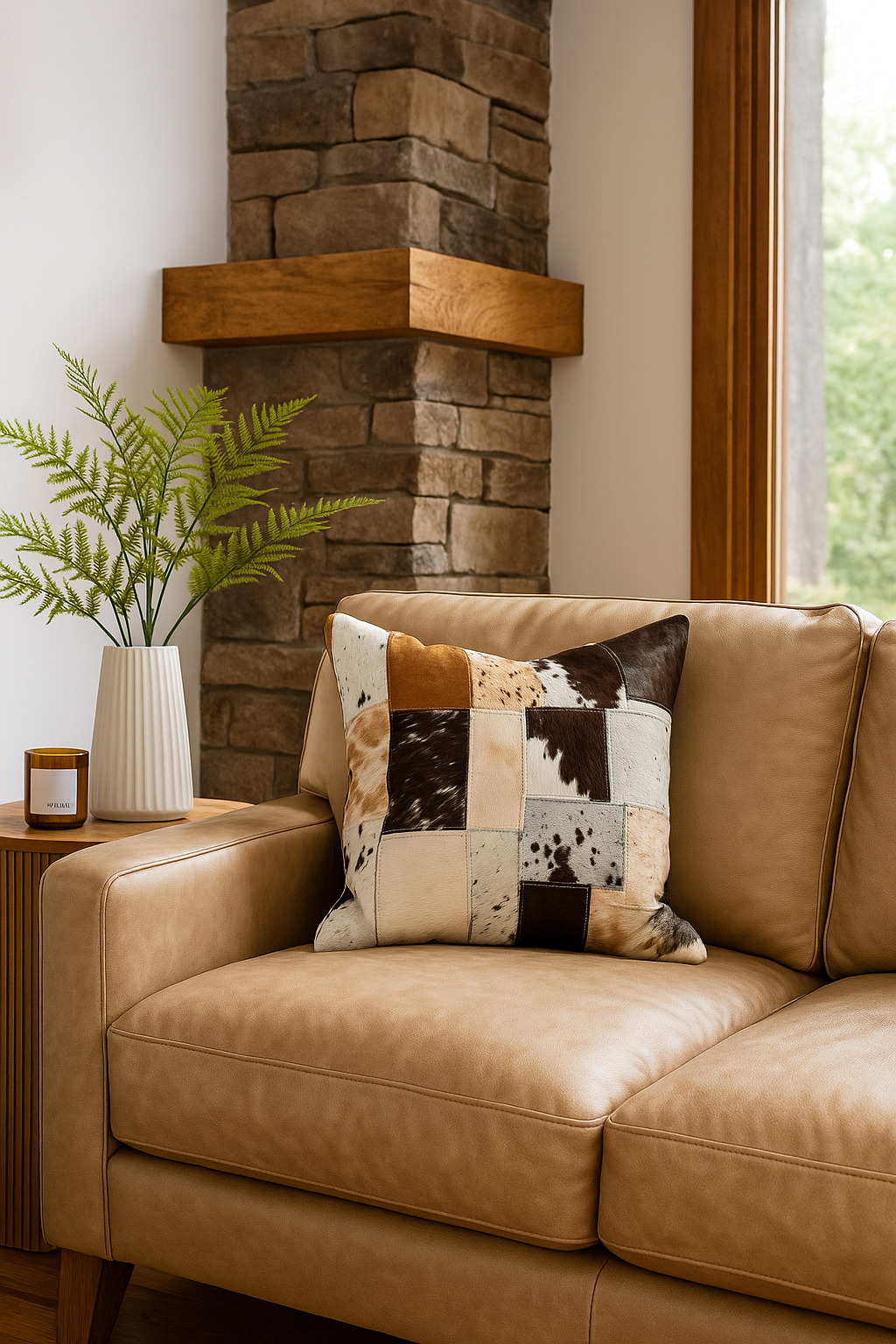 Natural hide cowhide cushion with handmade patchwork 45x45cm