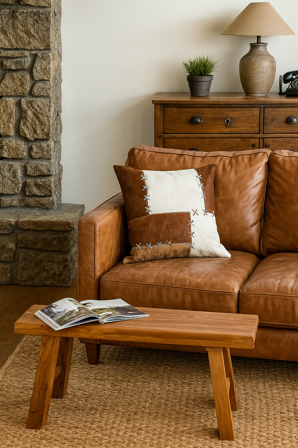 Handmade cowhide cushion with rustic patchwork design 45x45cm