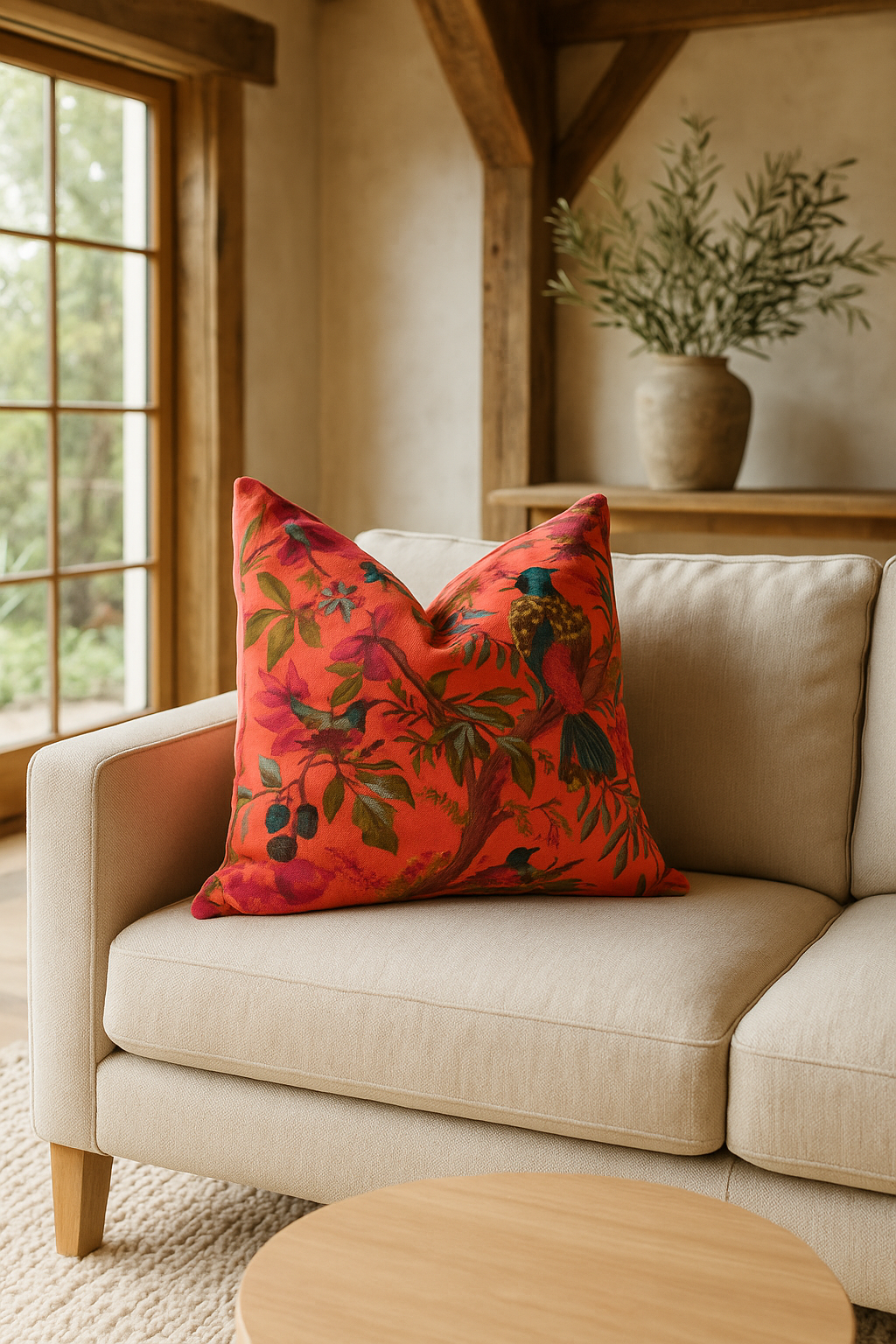 Bird and floral print orange velvet decorative pillow