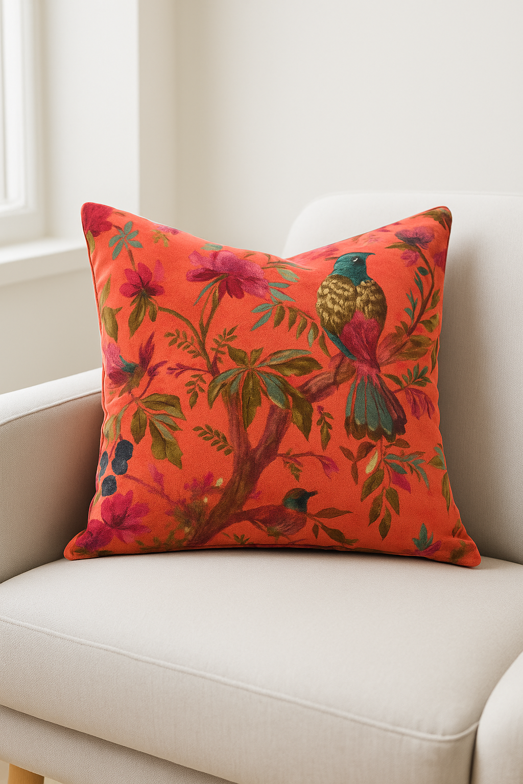 Orange velvet cushion with bird and floral print