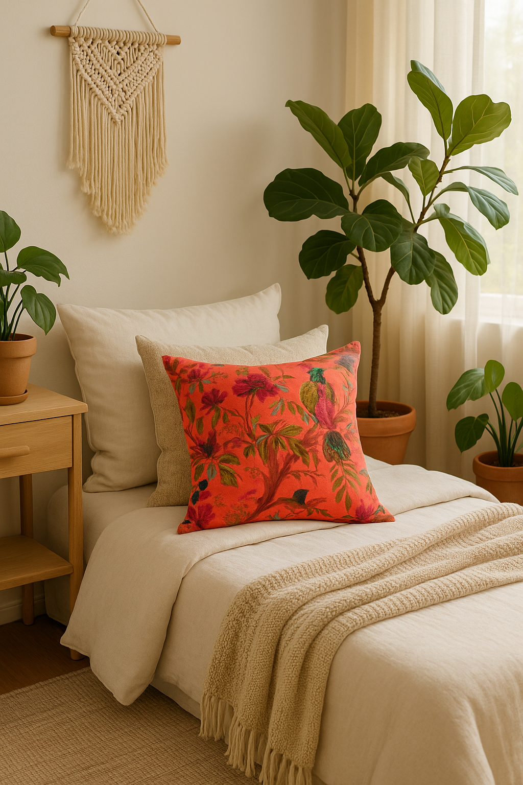 Orange velvet accent cushion for boho home decor