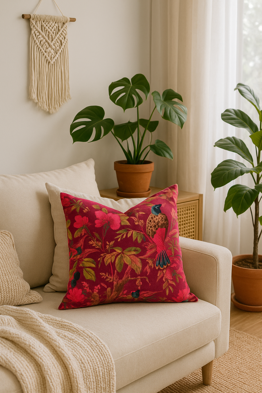 Bird motif velvet pillow in rich maroon for home decor