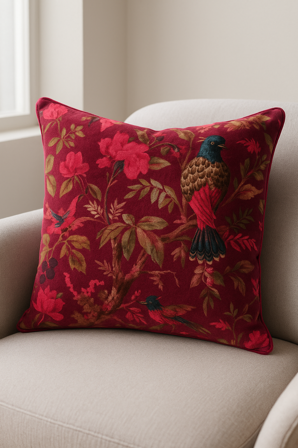 Maroon velvet cushion with bird motif for boho decor