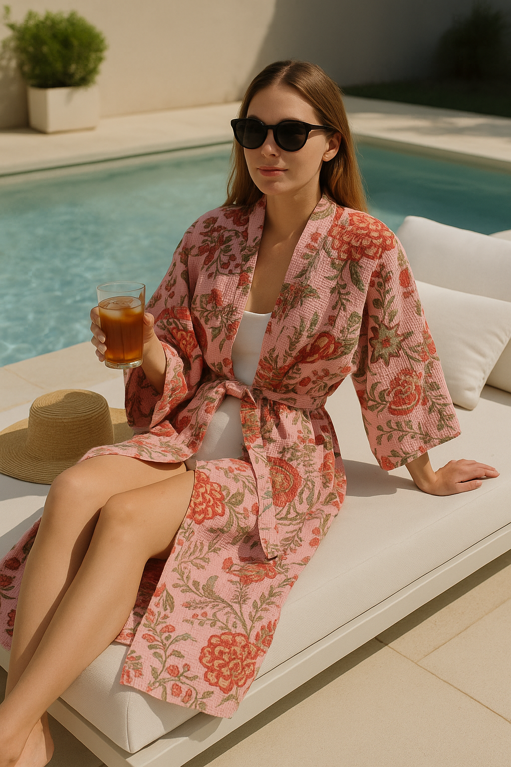 Hand block floral pink waffle kimono loungewear