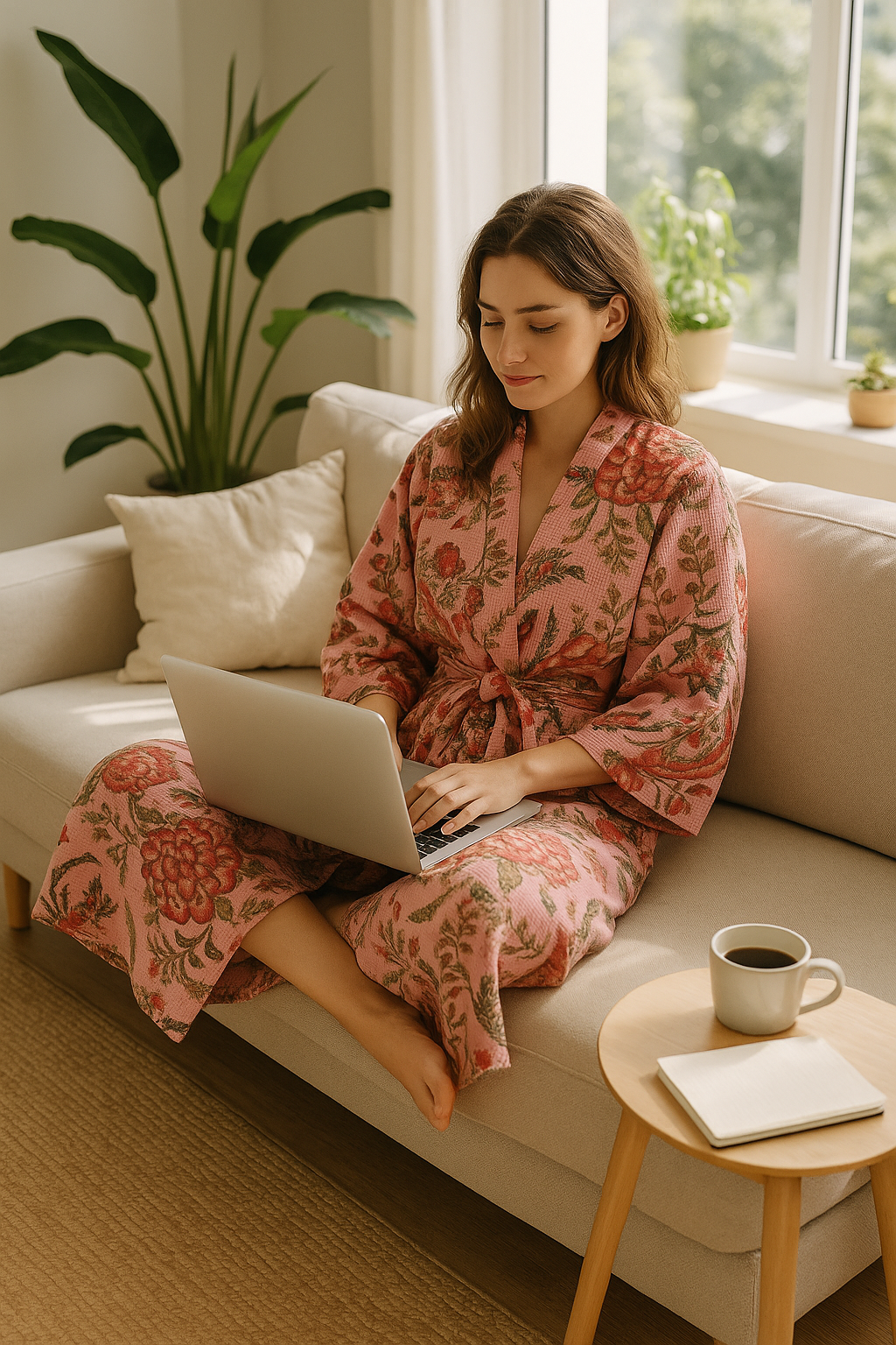Floral waffle cotton kimono robe in pink