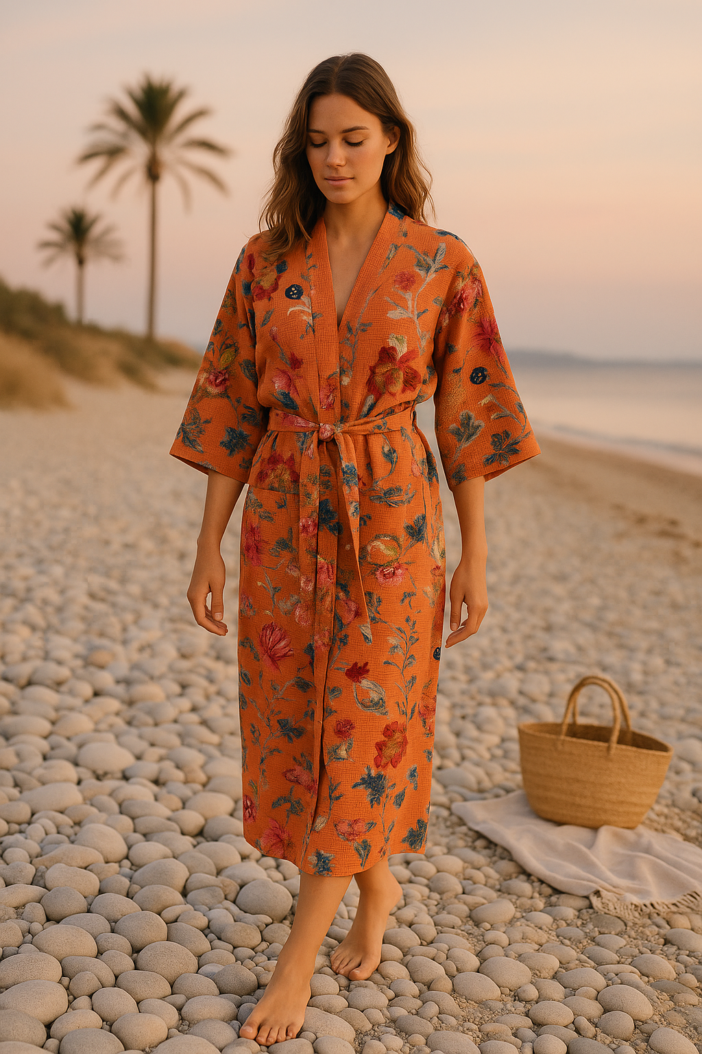 Hand block printed terracotta waffle kimono loungewear
