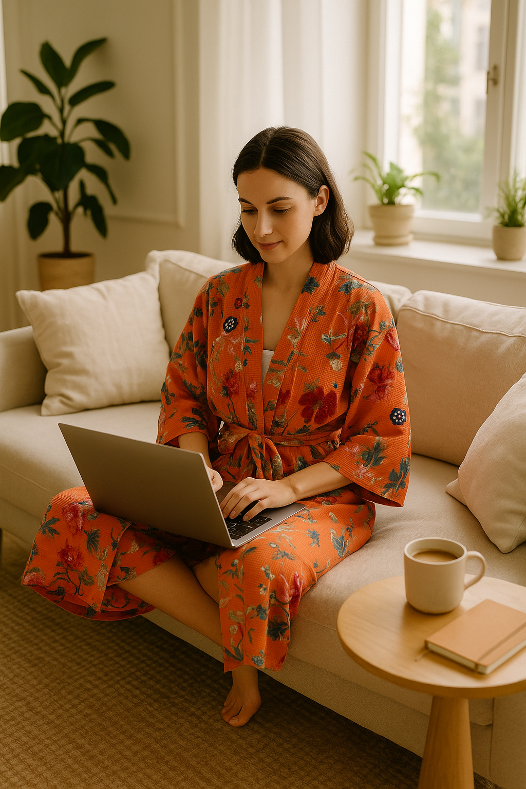 Floral waffle cotton kimono robe with hand block print