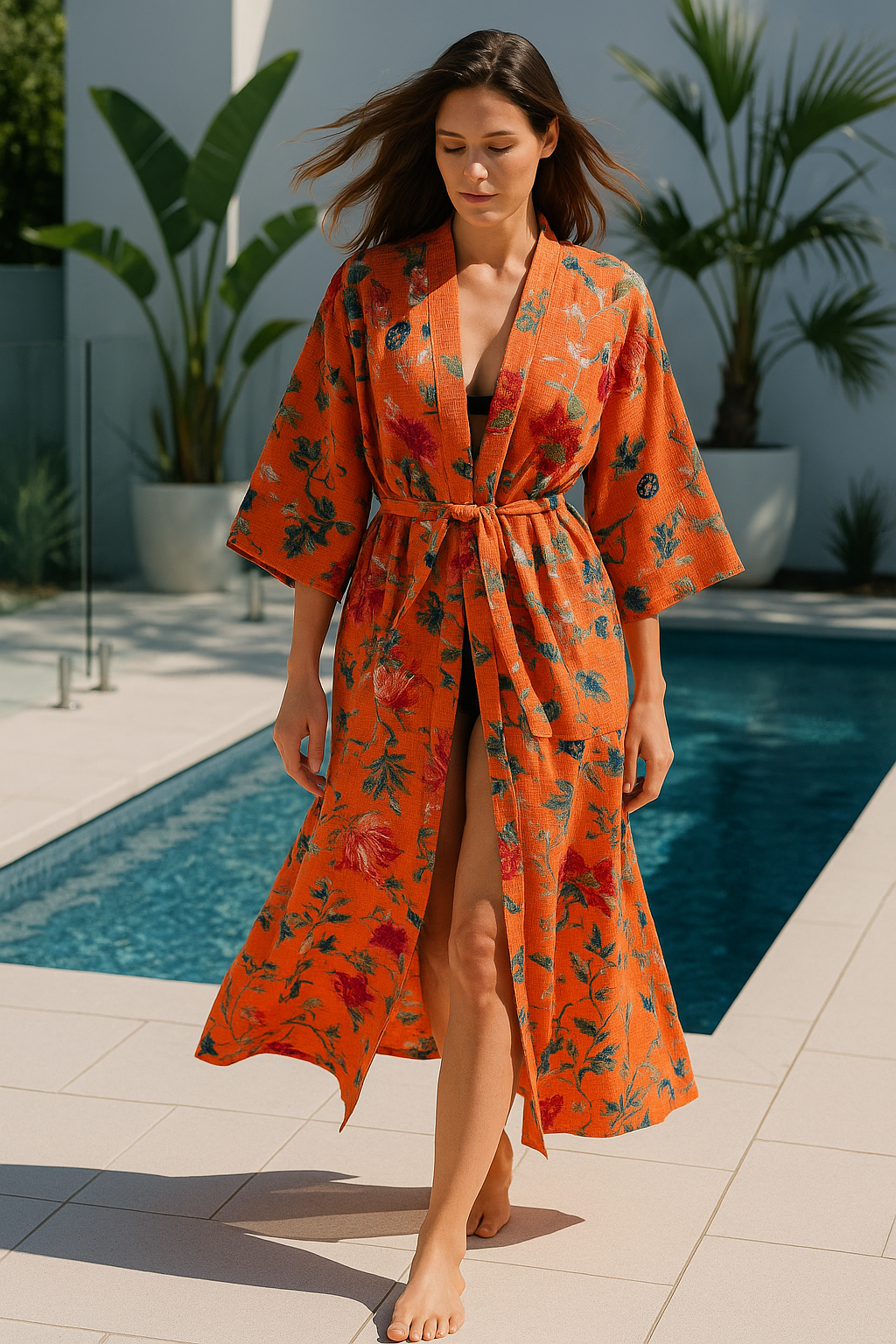 Terracotta hand block print cotton robe for women