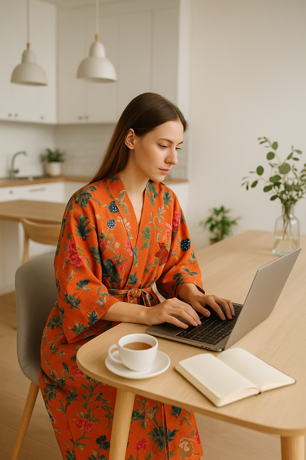 Floral terracotta kimono robe for relaxing at home