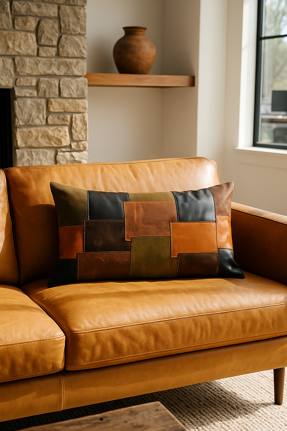 Earth-tone patchwork leather cushion cover for sofa