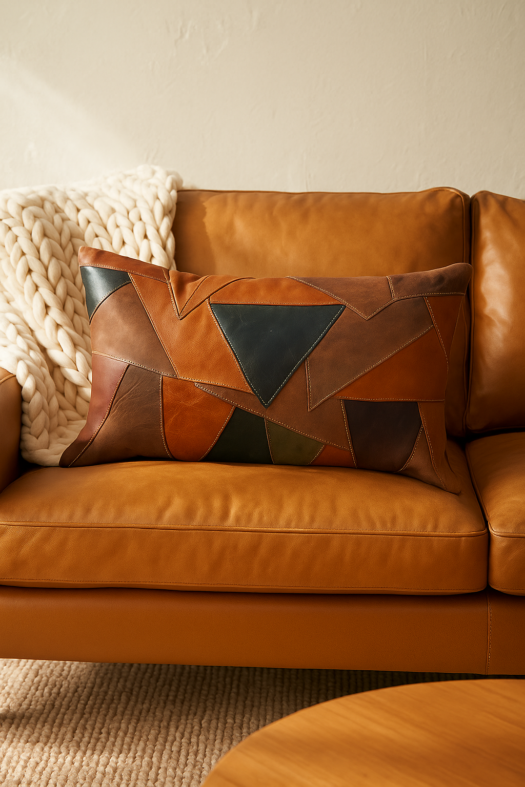 Rustic geometric patchwork leather lumbar cushion