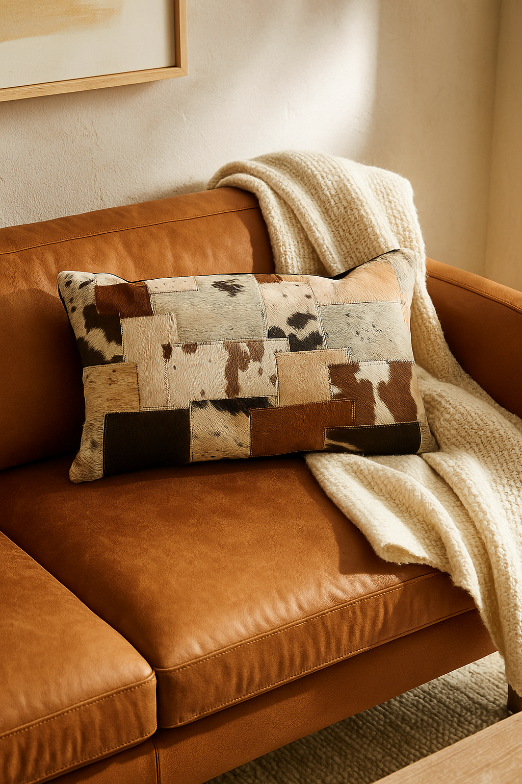 Rustic cowhide patchwork cushion cover leather lumbar pillow