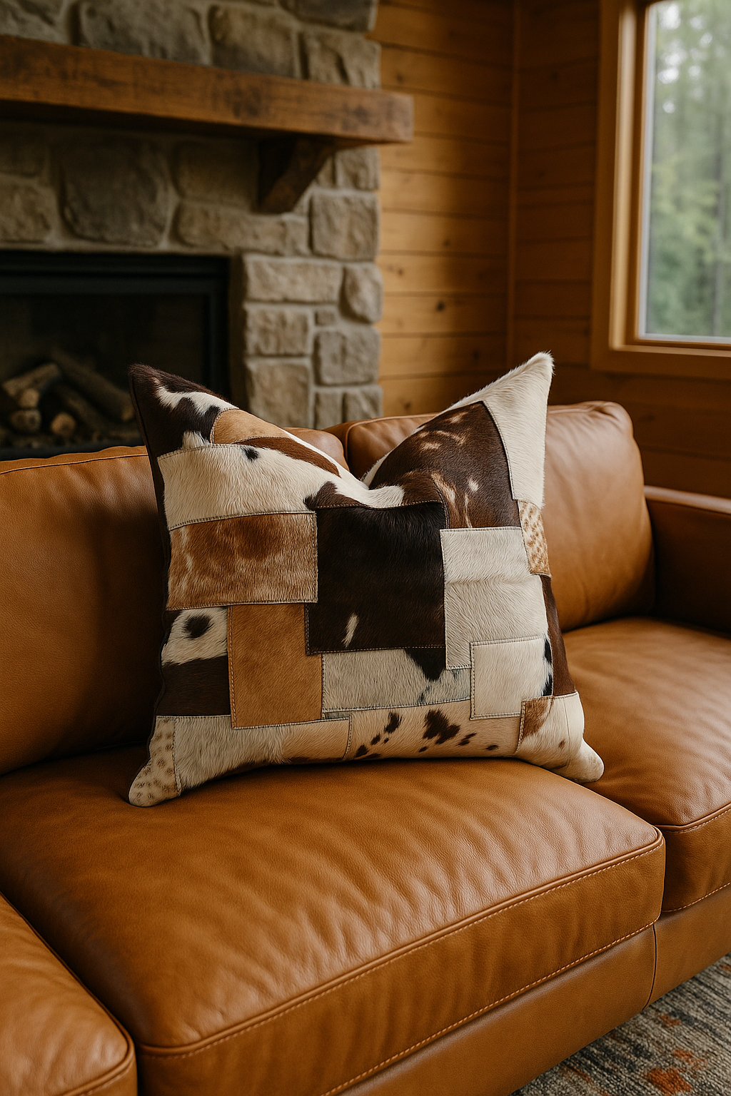 Rustic patchwork cowhide cushion cover handmade leather 60x60cm