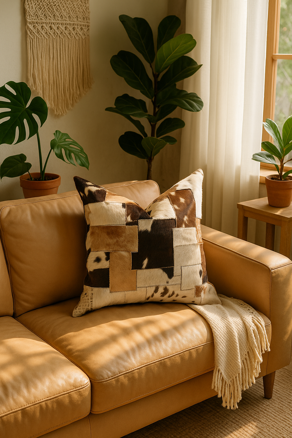 Handmade cowhide leather cushion cover with rustic patchwork design