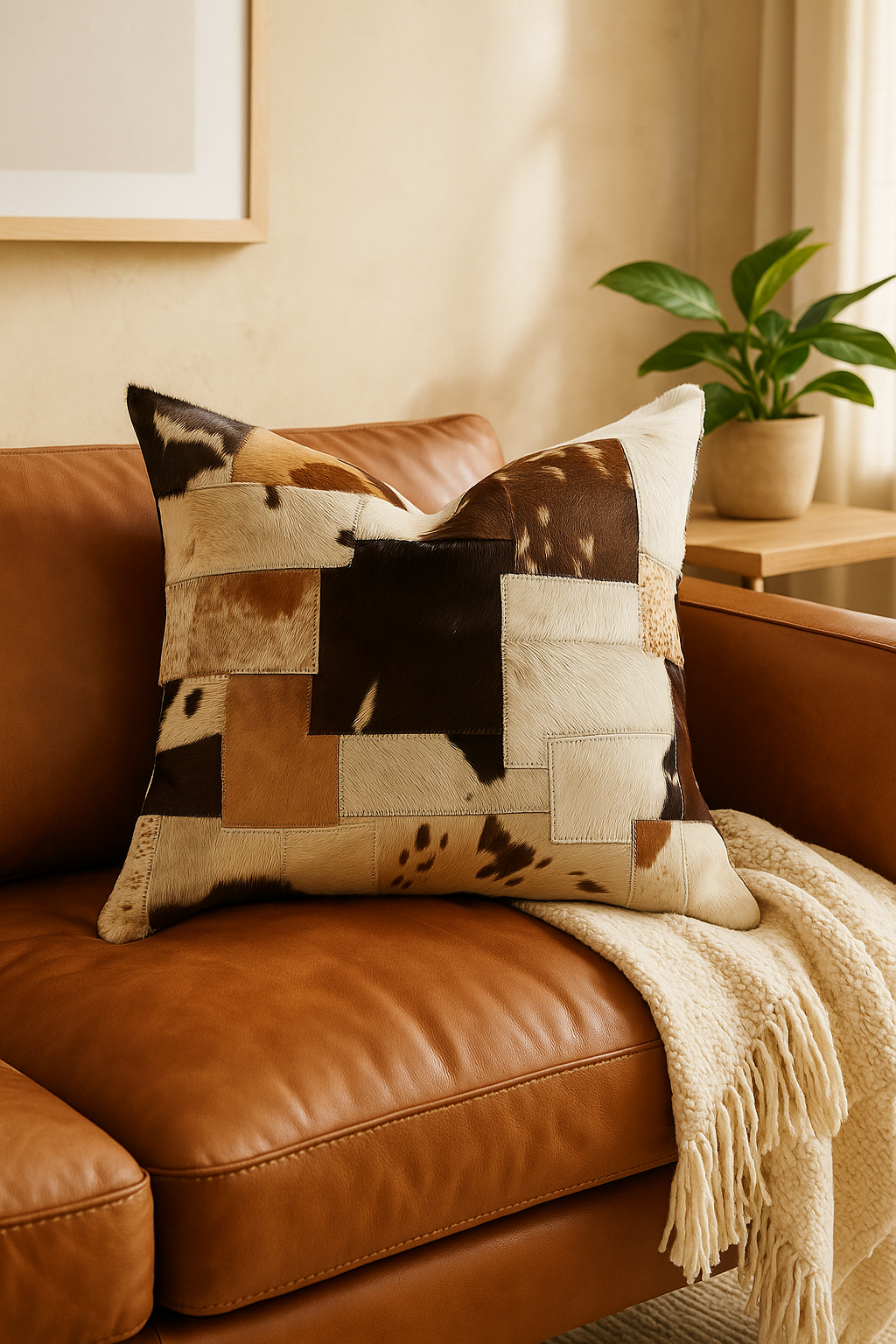 Rustic leather cowhide cushion cover for modern farmhouse decor