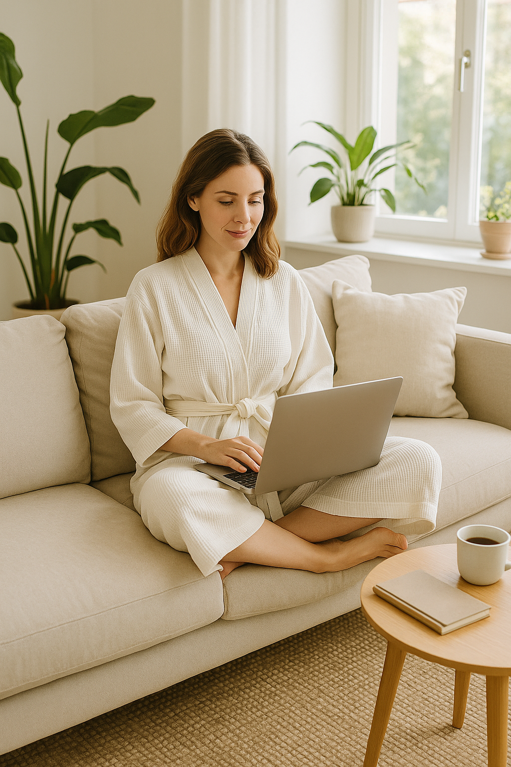 White kimono-style waffle robe for relaxing at home