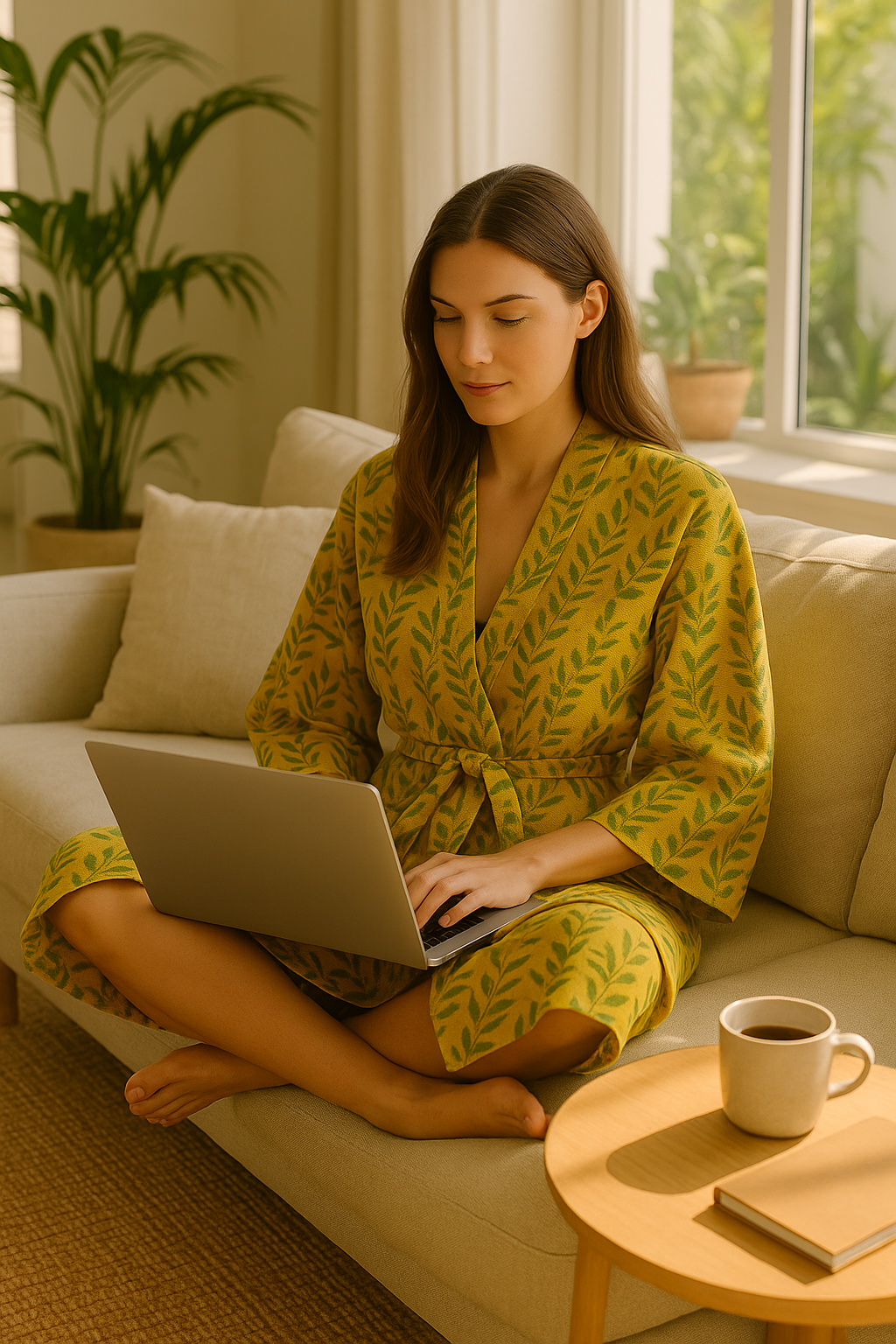 Yellow Botanical Print Cotton Kimono Robe with Waffle Texture