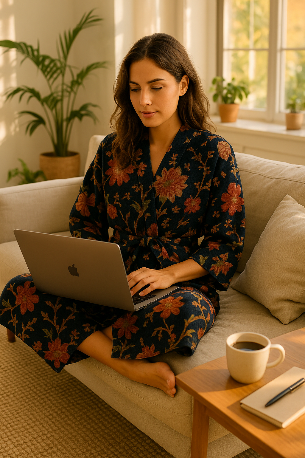 Navy floral waffle cotton kimono robe for women