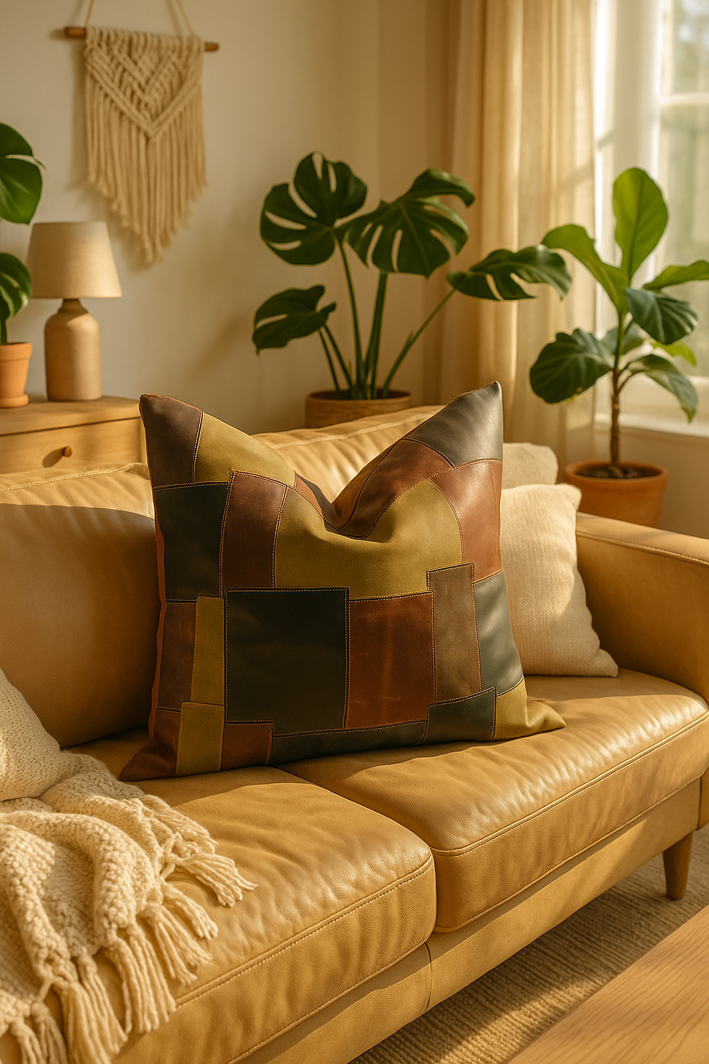 Handmade geometric leather pillow cover with square patchwork design