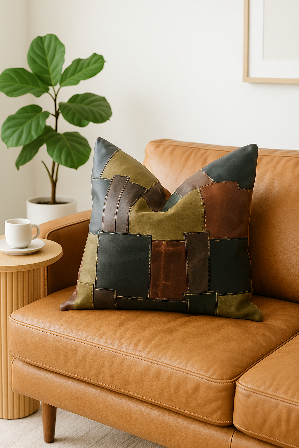 Decorative handmade leather cushion cover with geometric square pattern